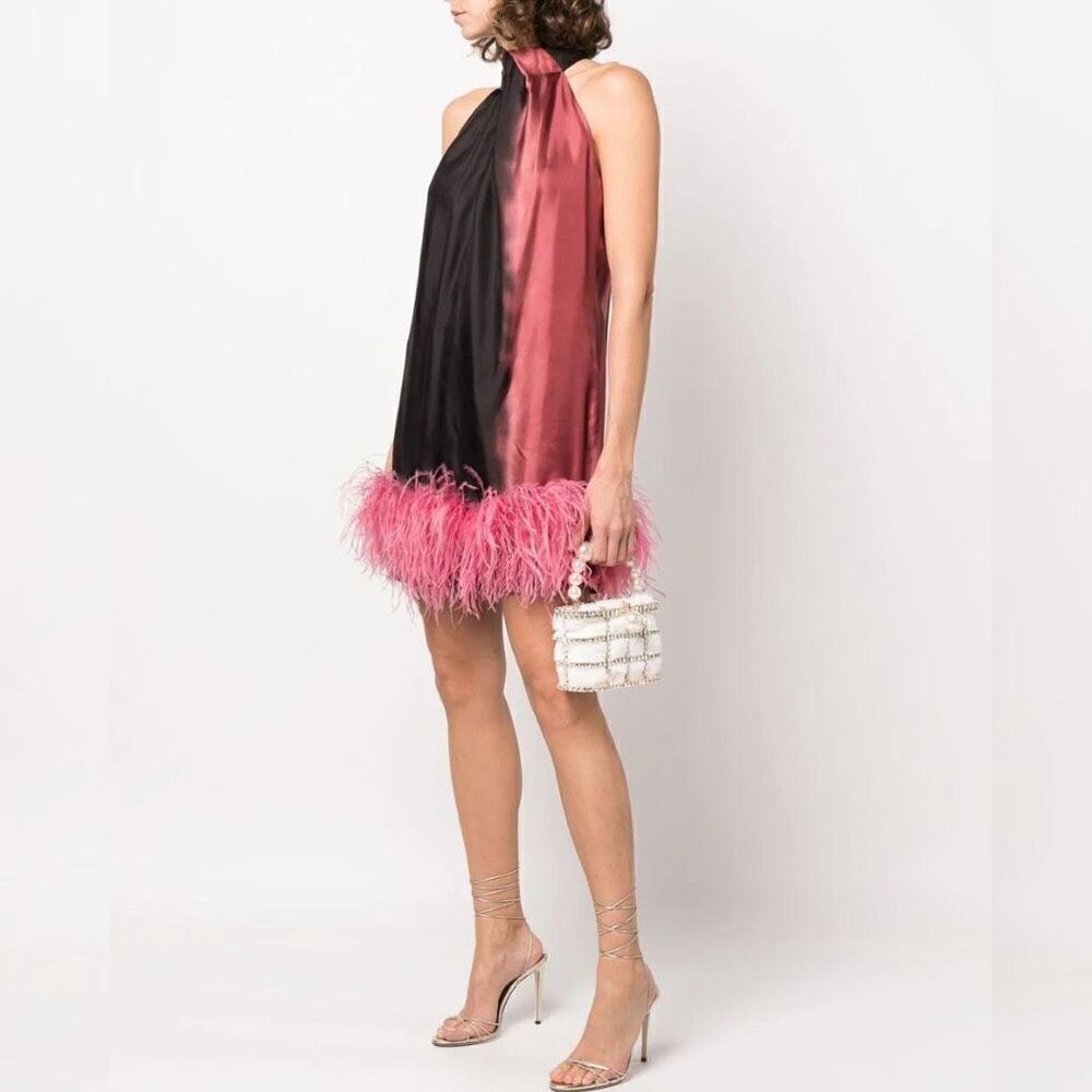 Satin Halter Feather Hem Mini Dress - Black & Rose Pink - Picture 1 of 11